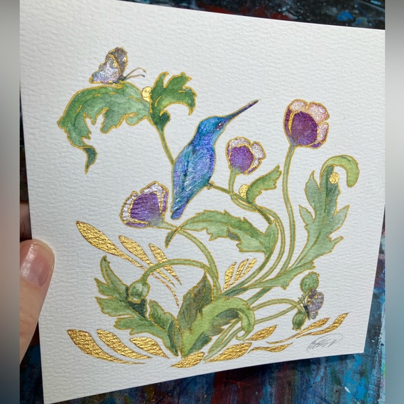 Artettina Other - Original painting Hummingbird poppies floral art NEW artwork cottage Artettina